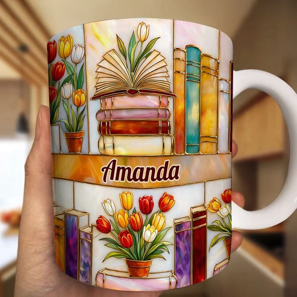 Colorful Books & Tulips In Bloom - Personalized White Edge-to-Edge Mug - Gift For Her, Book Lovers HH01 Colorful Books & Tulips In Bloom - Personalized White Edge-to-Edge Mug - Gift For Her, Book Lovers HH01