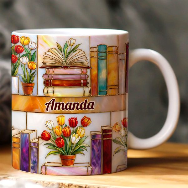 Colorful Books & Tulips In Bloom - Personalized White Edge-to-Edge Mug - Gift For Her, Book Lovers HH01 Colorful Books & Tulips In Bloom - Personalized White Edge-to-Edge Mug - Gift For Her, Book Lovers HH01