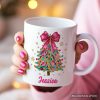 Colorful Glitter Christmas Tree Pink Bow Personalized Mug, Pink Bow Coquette Holiday Gift with Custom Name