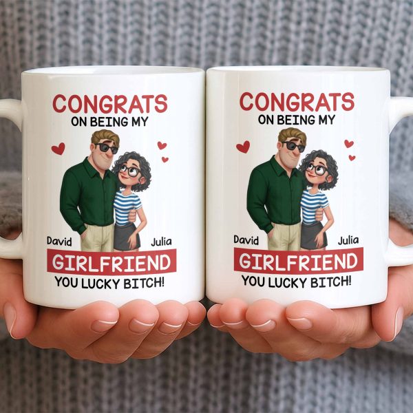 Congrats On Being My Girlfriend, Couple With Hearts - Personalized Custom Coffee Mug - CPL1344_MG Congrats On Being My Girlfriend, Couple With Hearts - Personalized Custom Coffee Mug - CPL1344_MG