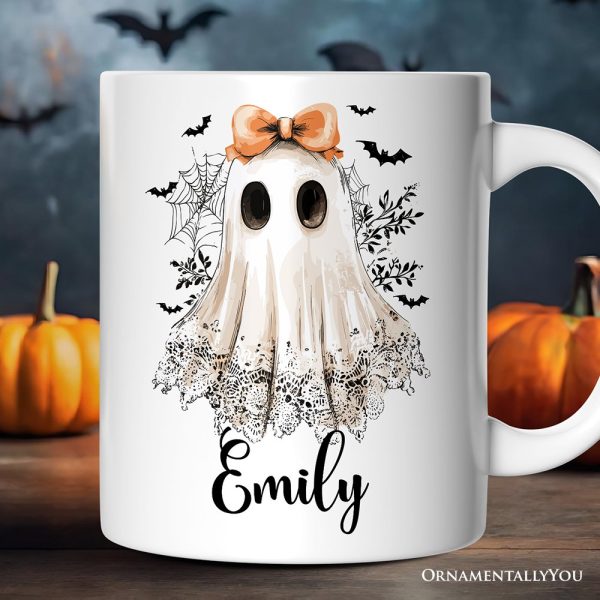 Coquette Ghost Personalized Mug, Cute Halloween Gift with Custom Name Coquette Ghost Personalized Mug, Cute Halloween Gift with Custom Name