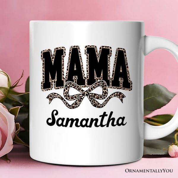 Coquette Leopard Mama Personalized Mug, Retro Bow Varsity Gift with Custom Name Coquette Leopard Mama Personalized Mug, Retro Bow Varsity Gift with Custom Name