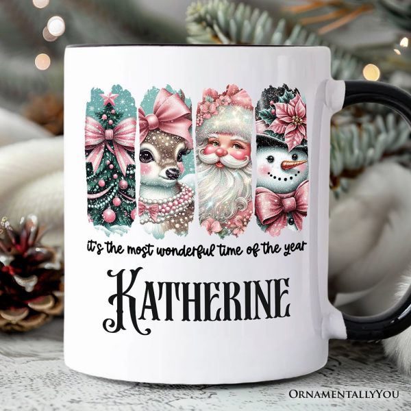 Coquette Pink Christmas Personalized Mug, It's The Most Wonderful Time Of The Year Vintage Gift with Custom Name Coquette Pink Christmas Personalized Mug, It's The Most Wonderful Time Of The Year Vintage Gift with Custom Name