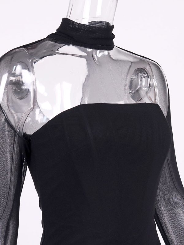 Corset Midi Dress With Mesh Long Sleeve Corset Midi Dress With Mesh Long Sleeve