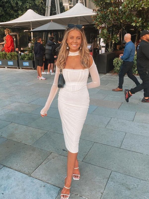 Corset Midi Dress With Mesh Long Sleeve Corset Midi Dress With Mesh Long Sleeve