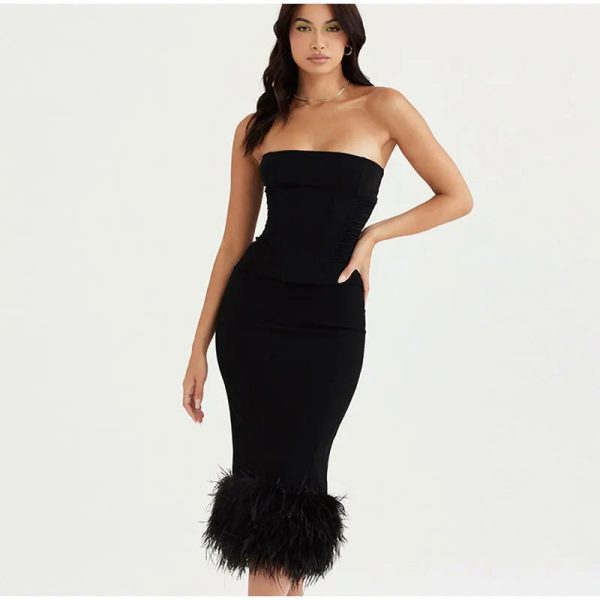 Corset Tube Fur Trim Bodycon Midi Dress Corset Tube Fur Trim Bodycon Midi Dress