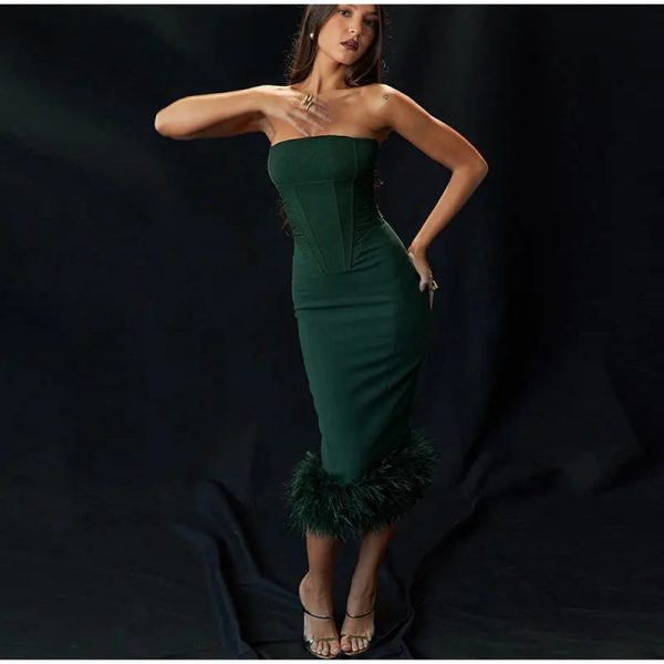 Corset Tube Fur Trim Bodycon Midi Dress Corset Tube Fur Trim Bodycon Midi Dress