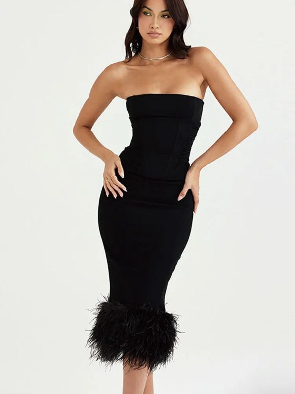 Corset Tube Fur Trim Bodycon Midi Dress Corset Tube Fur Trim Bodycon Midi Dress