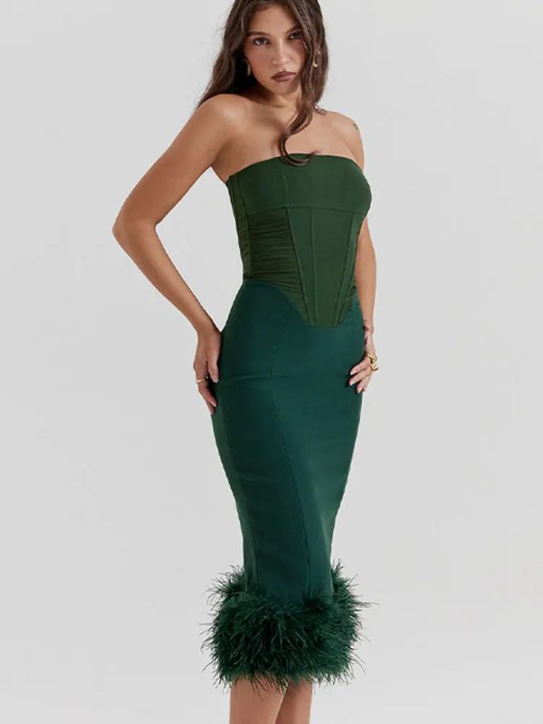 Corset Tube Fur Trim Bodycon Midi Dress Corset Tube Fur Trim Bodycon Midi Dress