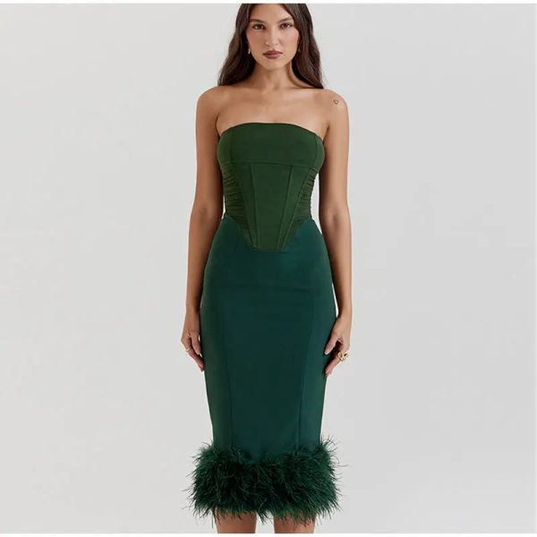 Corset Tube Fur Trim Bodycon Midi Dress Corset Tube Fur Trim Bodycon Midi Dress