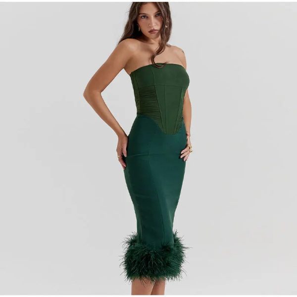Corset Tube Fur Trim Bodycon Midi Dress Corset Tube Fur Trim Bodycon Midi Dress
