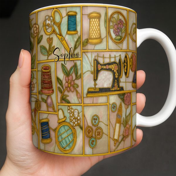 Craft Themed Personalized Mug Featuring Sewing Machine And Flowers - Personalized Custom Coffee Mug - HOB001_MG