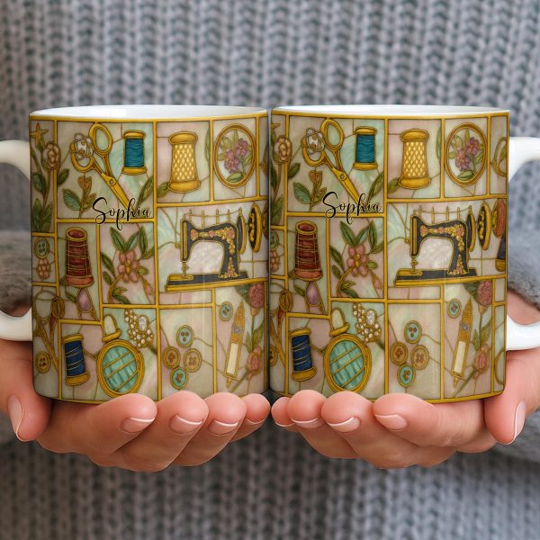Craft Themed Personalized Mug Featuring Sewing Machine And Flowers - Personalized Custom Coffee Mug - HOB001_MG