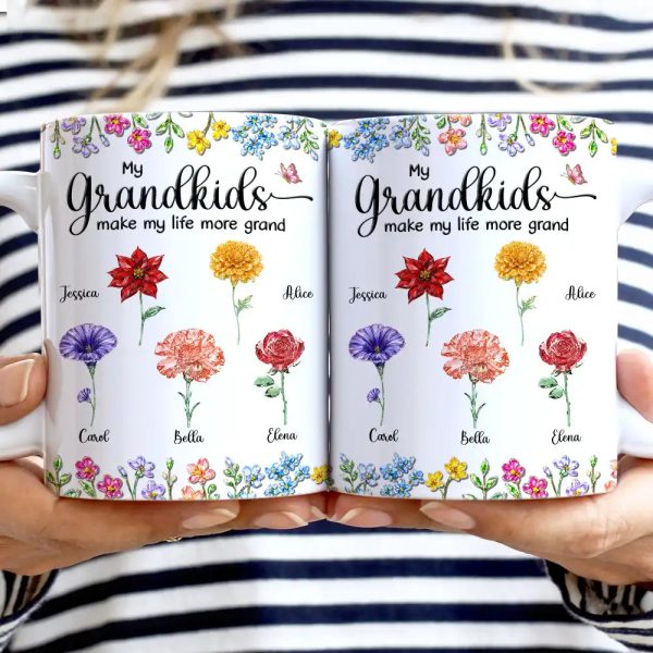 Crystal Effect Birth Flower Grandkids Make Life More Grand - Personalized White Edge-to-Edge Mug Crystal Effect Birth Flower Grandkids Make Life More Grand - Personalized White Edge-to-Edge Mug