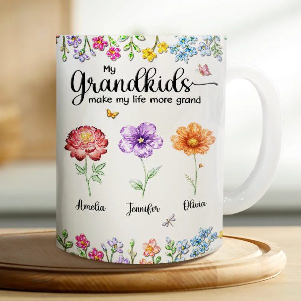 Crystal Effect Birth Flower Grandkids Make Life More Grand - Personalized White Edge-to-Edge Mug Crystal Effect Birth Flower Grandkids Make Life More Grand - Personalized White Edge-to-Edge Mug