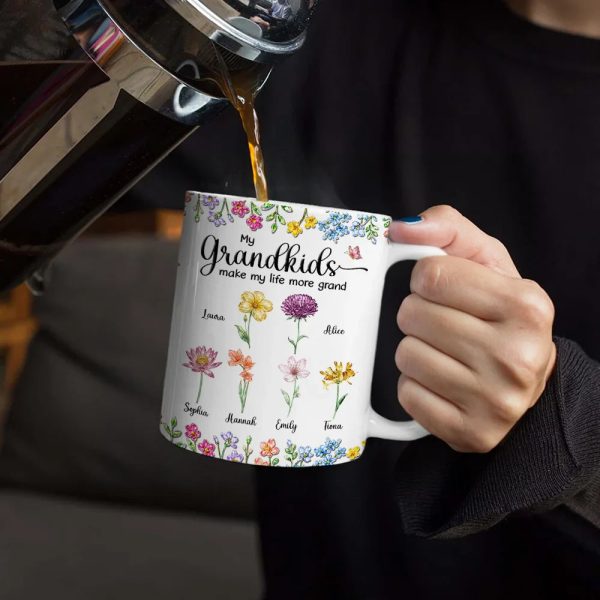 Crystal Effect Birth Flower Grandkids Make Life More Grand - Personalized White Edge-to-Edge Mug Crystal Effect Birth Flower Grandkids Make Life More Grand - Personalized White Edge-to-Edge Mug