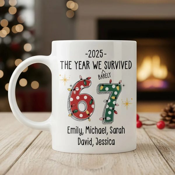 Custom 67 Ceramic Mug with Festive Dotted Numbers, Personalized Year We Survived Joke for Office Friends, Fun & Cute Gift