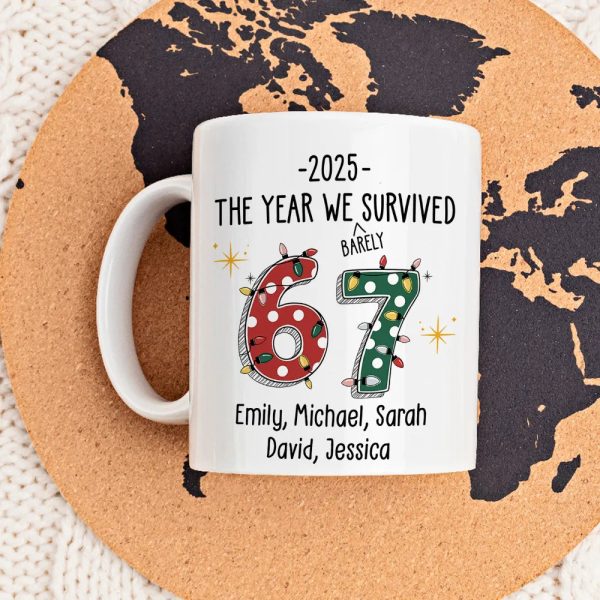 Custom 67 Ceramic Mug with Festive Dotted Numbers, Personalized Year We Survived Joke for Office Friends, Fun & Cute Gift