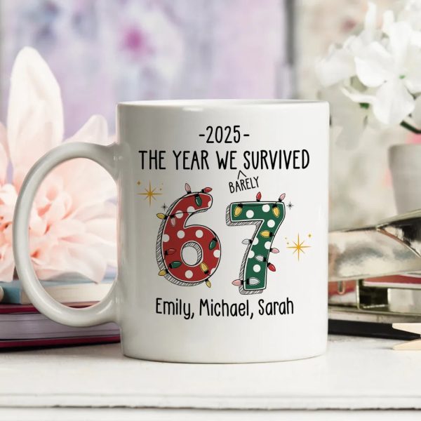 Custom 67 Ceramic Mug with Festive Dotted Numbers, Personalized Year We Survived Joke for Office Friends, Fun & Cute Gift