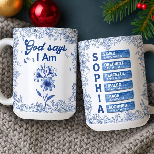 Custom Name Letter And Flower Toile De Jouy Style God Says I Am Print Full Mug LM32 895397