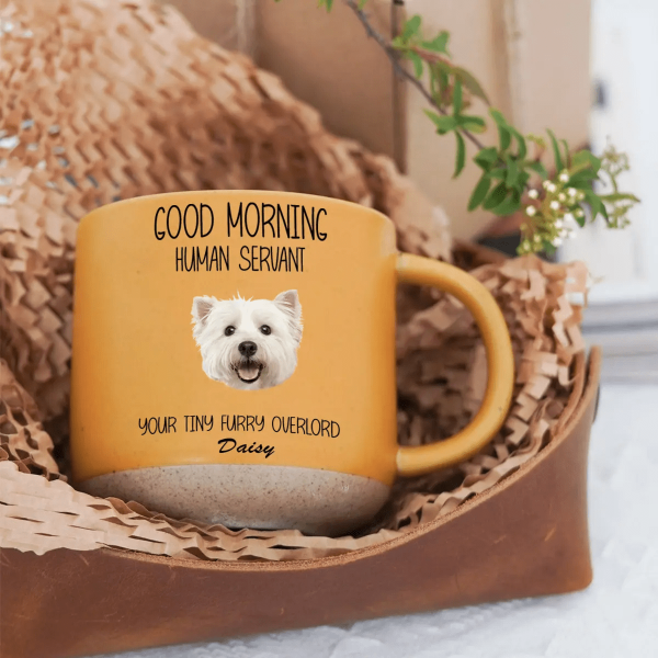 Custom Photo Good Morning Human Servant Dog Cat Pottery Mug TH10 892091 Custom Photo Good Morning Human Servant Dog Cat Pottery Mug TH10 892091
