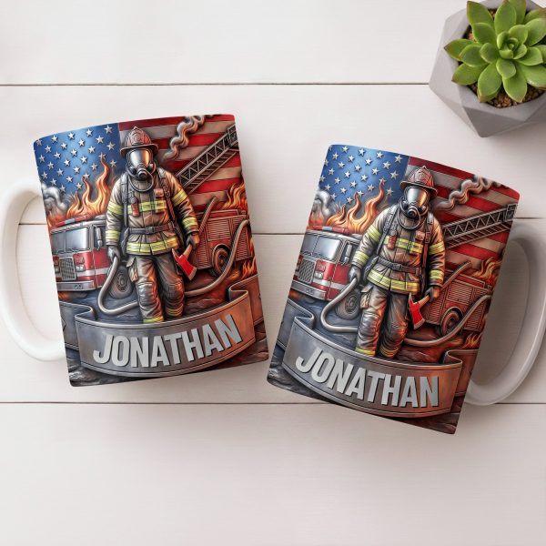 Customizable Firefighter With Fire Truck and American Flag - Personalized Custom Coffee Mug - FIF056_MG