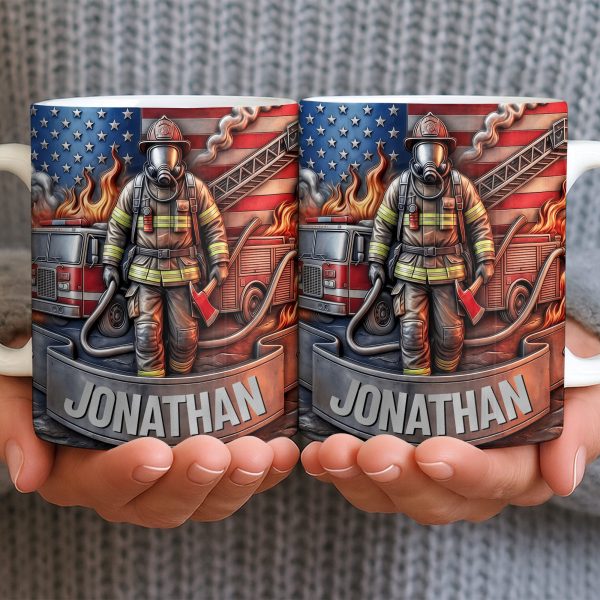 Customizable Firefighter With Fire Truck and American Flag - Personalized Custom Coffee Mug - FIF056_MG