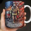 Customizable Firefighter With Fire Truck and American Flag - Personalized Custom Coffee Mug - FIF056_MG
