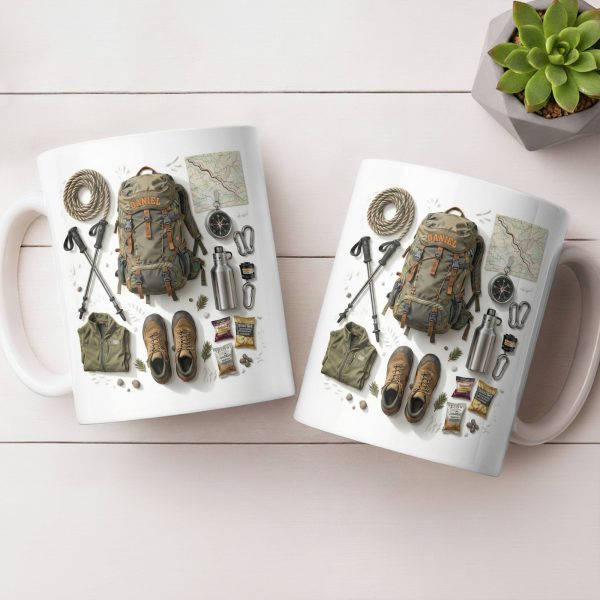 Customize Essential Outdoor Adventure Gear Backpack, Boots, Map - Personalized Custom Coffee Mug - HOB048_MG Customize Essential Outdoor Adventure Gear Backpack, Boots, Map - Personalized Custom Coffee Mug - HOB048_MG