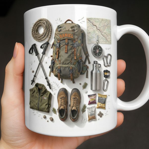 Customize Essential Outdoor Adventure Gear Backpack, Boots, Map - Personalized Custom Coffee Mug - HOB048_MG Customize Essential Outdoor Adventure Gear Backpack, Boots, Map - Personalized Custom Coffee Mug - HOB048_MG