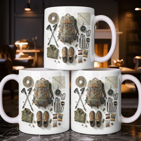 Customize Essential Outdoor Adventure Gear Backpack, Boots, Map - Personalized Custom Coffee Mug - HOB048_MG Customize Essential Outdoor Adventure Gear Backpack, Boots, Map - Personalized Custom Coffee Mug - HOB048_MG