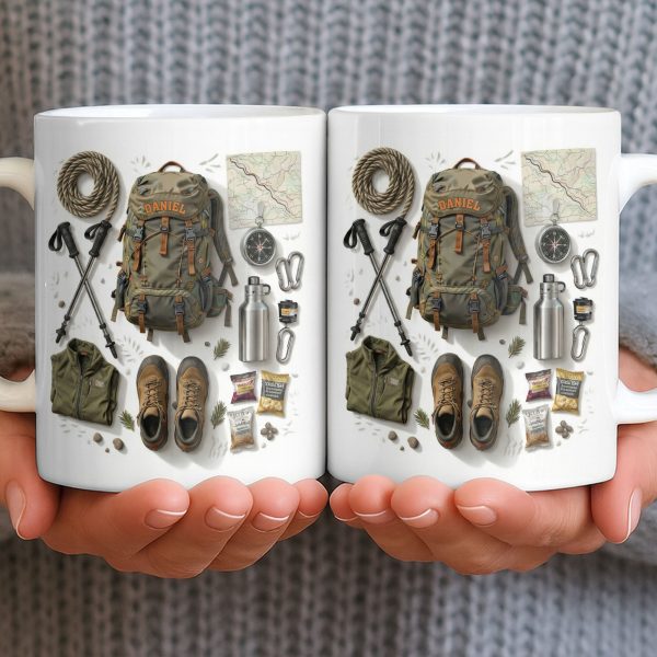 Customize Essential Outdoor Adventure Gear Backpack, Boots, Map - Personalized Custom Coffee Mug - HOB048_MG Customize Essential Outdoor Adventure Gear Backpack, Boots, Map - Personalized Custom Coffee Mug - HOB048_MG
