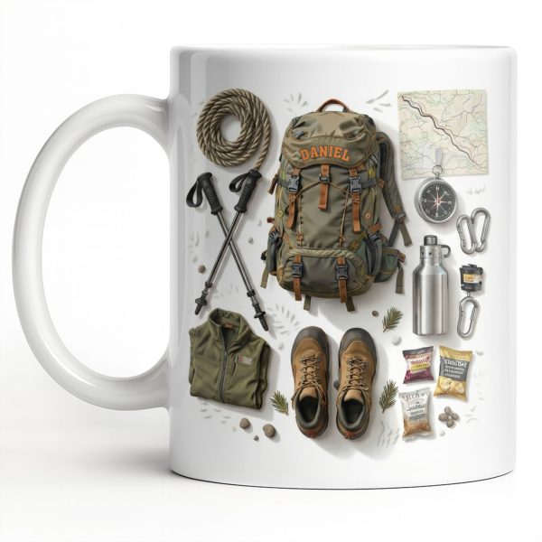Customize Essential Outdoor Adventure Gear Backpack, Boots, Map - Personalized Custom Coffee Mug - HOB048_MG Customize Essential Outdoor Adventure Gear Backpack, Boots, Map - Personalized Custom Coffee Mug - HOB048_MG