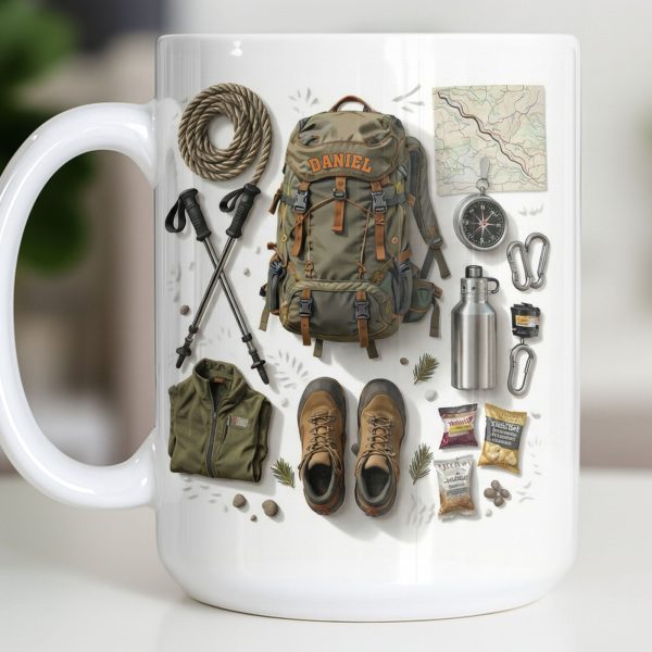 Customize Essential Outdoor Adventure Gear Backpack, Boots, Map - Personalized Custom Coffee Mug - HOB048_MG Customize Essential Outdoor Adventure Gear Backpack, Boots, Map - Personalized Custom Coffee Mug - HOB048_MG