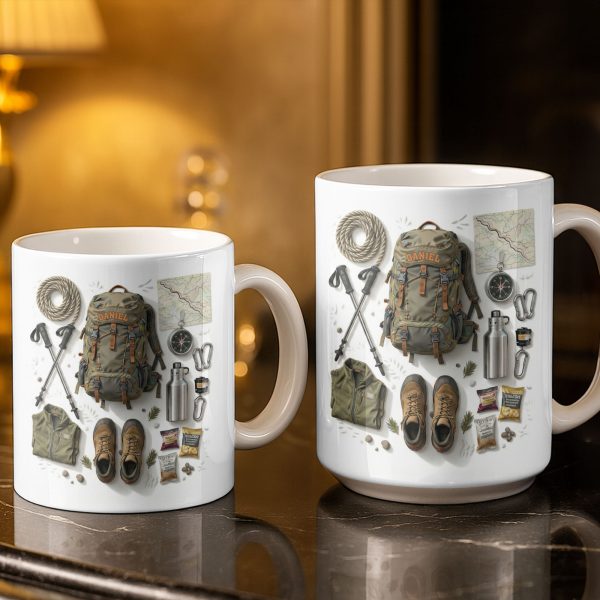 Customize Essential Outdoor Adventure Gear Backpack, Boots, Map - Personalized Custom Coffee Mug - HOB048_MG Customize Essential Outdoor Adventure Gear Backpack, Boots, Map - Personalized Custom Coffee Mug - HOB048_MG