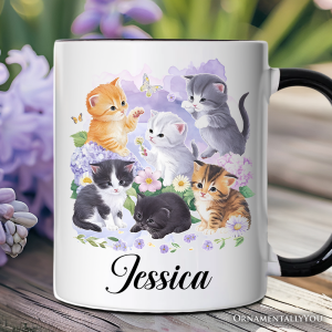 Cute Baby Cats Wildflower Personalized Mug, Cottagecore Botanical Cat Gift with Custom Name