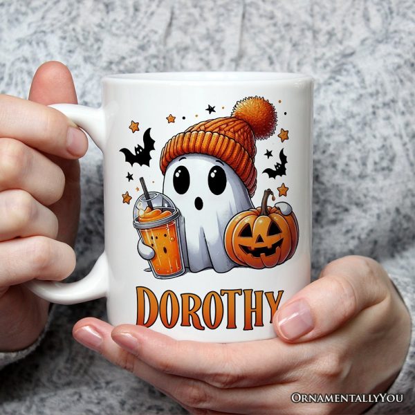 Cute Ghost with Coffee Drink, Personalized Halloween Mug, Fun Boujee Gift with Custom Name Cute Ghost with Coffee Drink, Personalized Halloween Mug, Fun Boujee Gift with Custom Name