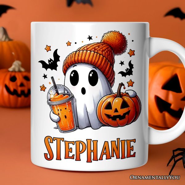 Cute Ghost with Coffee Drink, Personalized Halloween Mug, Fun Boujee Gift with Custom Name Cute Ghost with Coffee Drink, Personalized Halloween Mug, Fun Boujee Gift with Custom Name