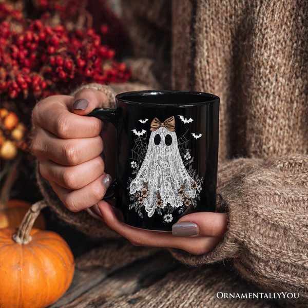 Cute Lace Ghost Coquette Pesonalized Mug, Floral Vintage Halloween Gift with Custom Name Cute Lace Ghost Coquette Pesonalized Mug, Floral Vintage Halloween Gift with Custom Name