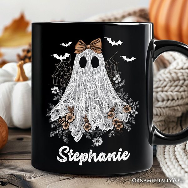 Cute Lace Ghost Coquette Pesonalized Mug, Floral Vintage Halloween Gift with Custom Name Cute Lace Ghost Coquette Pesonalized Mug, Floral Vintage Halloween Gift with Custom Name