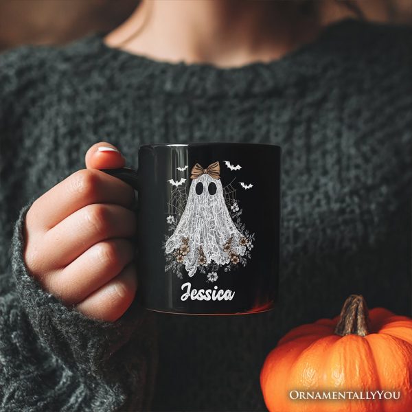 Cute Lace Ghost Coquette Pesonalized Mug, Floral Vintage Halloween Gift with Custom Name Cute Lace Ghost Coquette Pesonalized Mug, Floral Vintage Halloween Gift with Custom Name