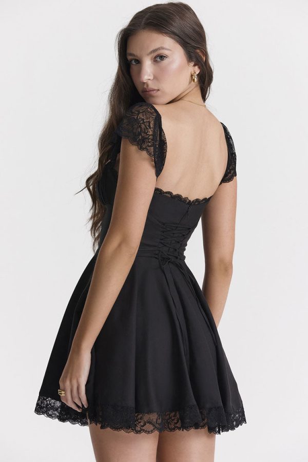 Cute Scalloped Cap Sleeve Square Neck Fit & Flare Mini Summer Sundress - Black Cute Scalloped Cap Sleeve Square Neck Fit & Flare Mini Summer Sundress - Black