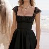 Cute Scalloped Cap Sleeve Square Neck Fit & Flare Mini Summer Sundress - Black Cute Scalloped Cap Sleeve Square Neck Fit & Flare Mini Summer Sundress - Black