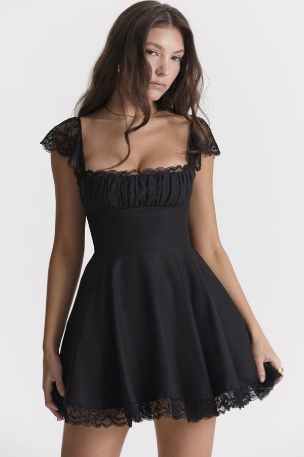 Cute Scalloped Cap Sleeve Square Neck Fit & Flare Mini Summer Sundress - Black Cute Scalloped Cap Sleeve Square Neck Fit & Flare Mini Summer Sundress - Black