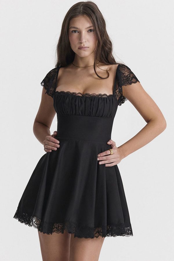 Cute Scalloped Cap Sleeve Square Neck Fit & Flare Mini Summer Sundress - Black Cute Scalloped Cap Sleeve Square Neck Fit & Flare Mini Summer Sundress - Black