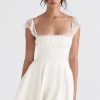 Cute Scalloped Cap Sleeve Square Neck Fitted Flare Mini Summer Sundress - White