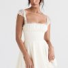 Cute Scalloped Cap Sleeve Square Neck Fitted Flare Mini Summer Sundress - White