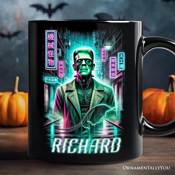 Cyberpunk Frankenstein Personalized Mug, Neon Halloween Monster Gift with Custom Name