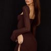 Darling Halter Neck Long Sleeve Cutout Club Mini Dress - Chocolate