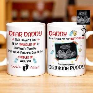 Dear Daddy, This Father's Day I'll Be Snuggled Up, Ultrasound Image, Beer, Heart - Personalized Custom Coffee Mug - DAD051_MG